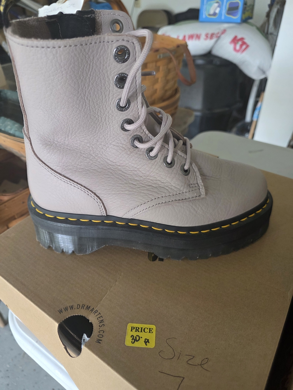 Dr. Martens Lace-Up Platform Boots in Pale Pink with Black Sole